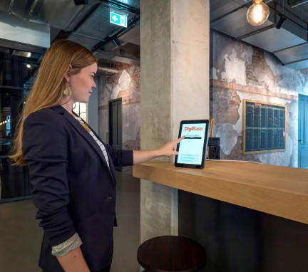 GoBright Visitor Management System Being Used to Book in at Reception