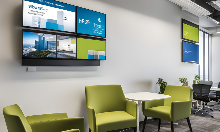 Digital signage displayed in a modern office environment by AuDeo, enhancing professional spaces with engaging visuals and real-time updates to improve communication and branding