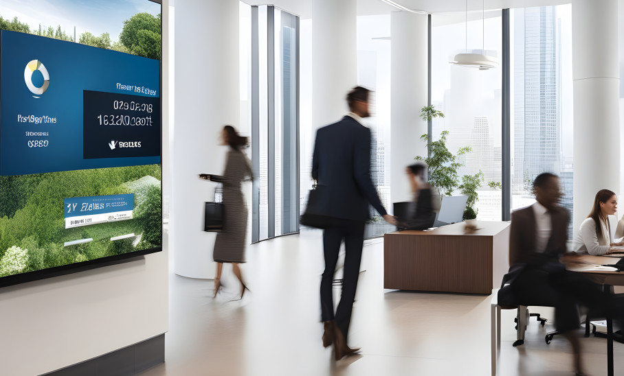 Digital signage displayed in a bustling office environment by AuDeo, showcasing dynamic content to engage employees and visitors, enhancing communication and professionalism within a modern workspace